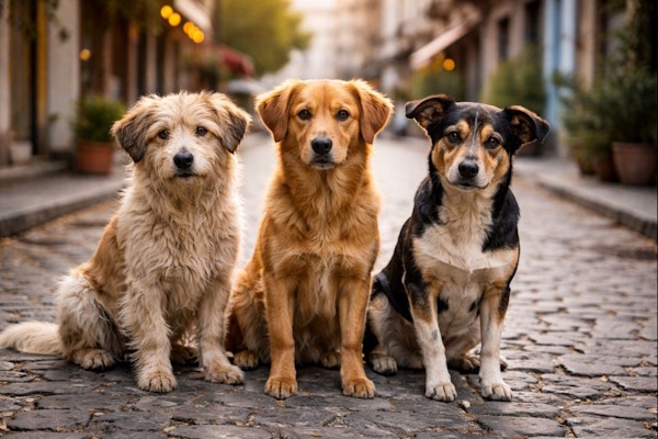 3 dogs in the street
